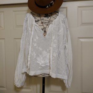 Free People Maria Maria Lace Blouse White OB913446 Boho Cotton Tie Front